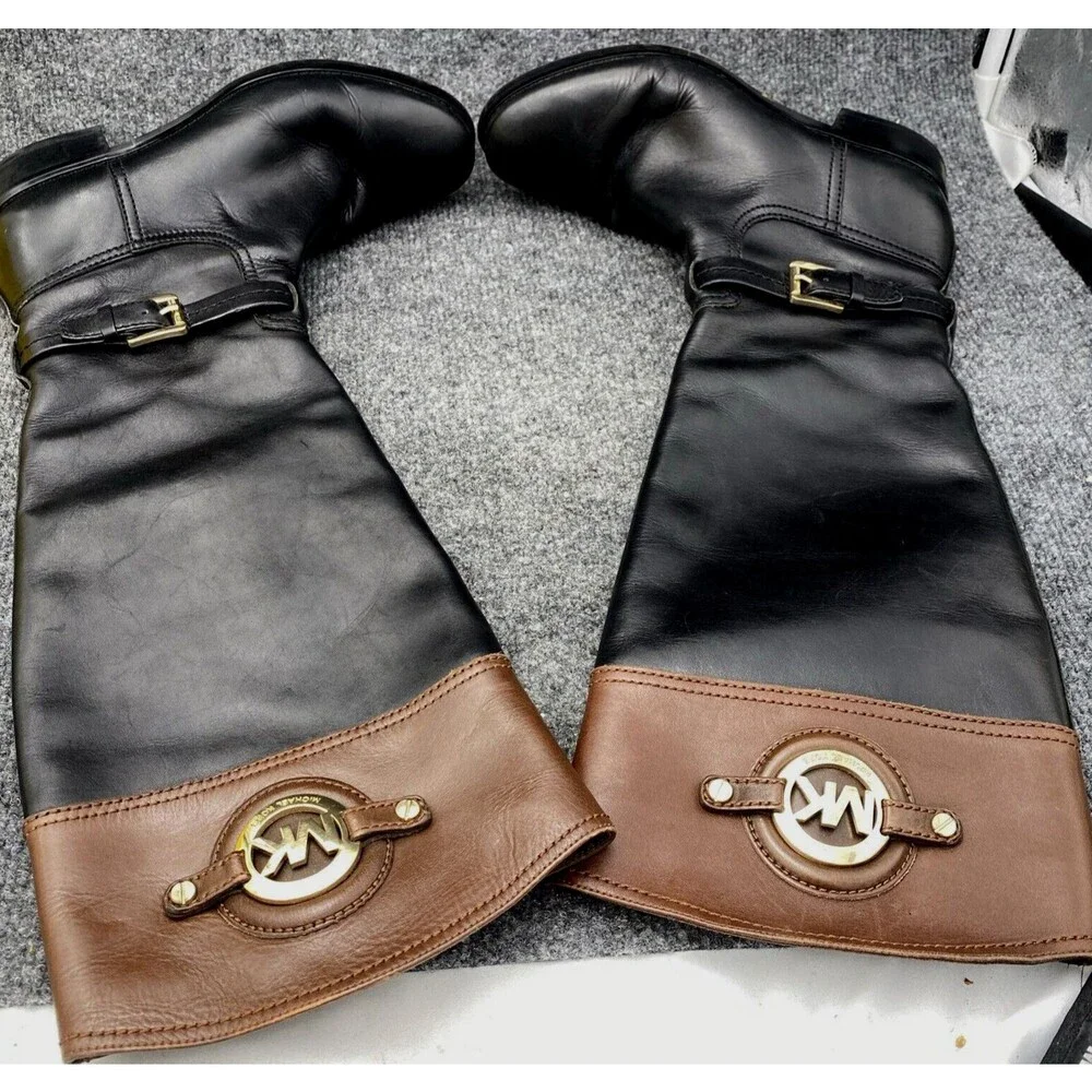 Michael Kors Two-Tone Leather Riding Boots Black Brown Gold MK Logo Size 8.5M